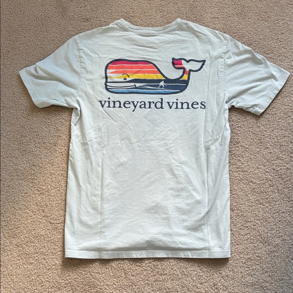 Vineyard Vines Light Blue Shirt with Surf Graphic on Front Pocket and Back